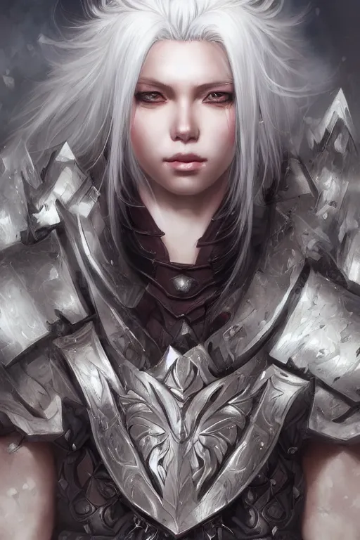 Image similar to A realistic anime portrait of a white haired female barbarian wearing an intricate armor, digital painting, by Stanley Artgerm Lau, Sakimichan, WLOP and Rossdraws, digtial painting, trending on ArtStation, SFW version