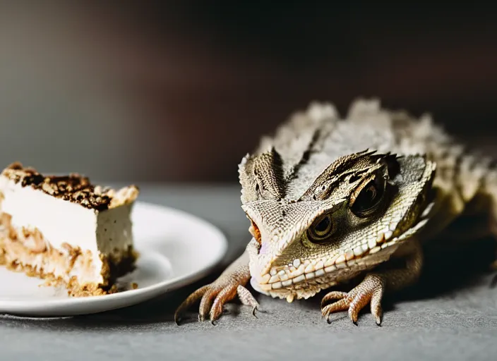 Image similar to dslr portrait still of a bearded dragon eating a slice of cheesecake, 8 k 8 5 mm f 1. 4