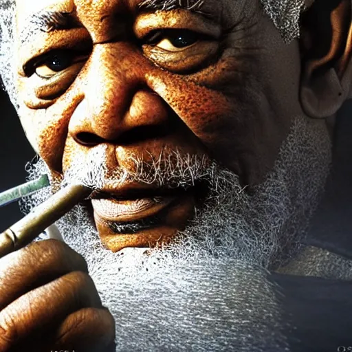 Image similar to morgan freeman starring as gimli in lord of the rings, high detail shot, smoking, render, cgsociety, photorealism