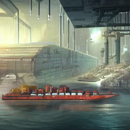 Image similar to Immense industrial futuristic cargo ship arrives at cyber punk city sea port, cinematic lighting, concept art