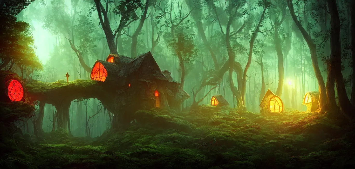 Image similar to random scary forest house landscape, round glowing vivid colour neon portal, incredible, vector art, octane render, fabulous, hyper detailed, random cinematic view, no noise, global illumination, warm lighting, volumetric, godrays, vivid, beautiful, by jordan grimmer