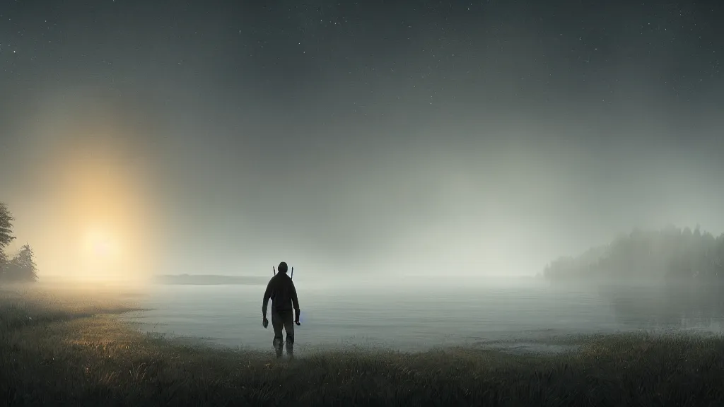 Image similar to beautiful closeup render of a man walking and holding a torch in the morning mist, unreal engine, soft light, stars, lake, fishing boat, by greg rutkowski, cgsociety