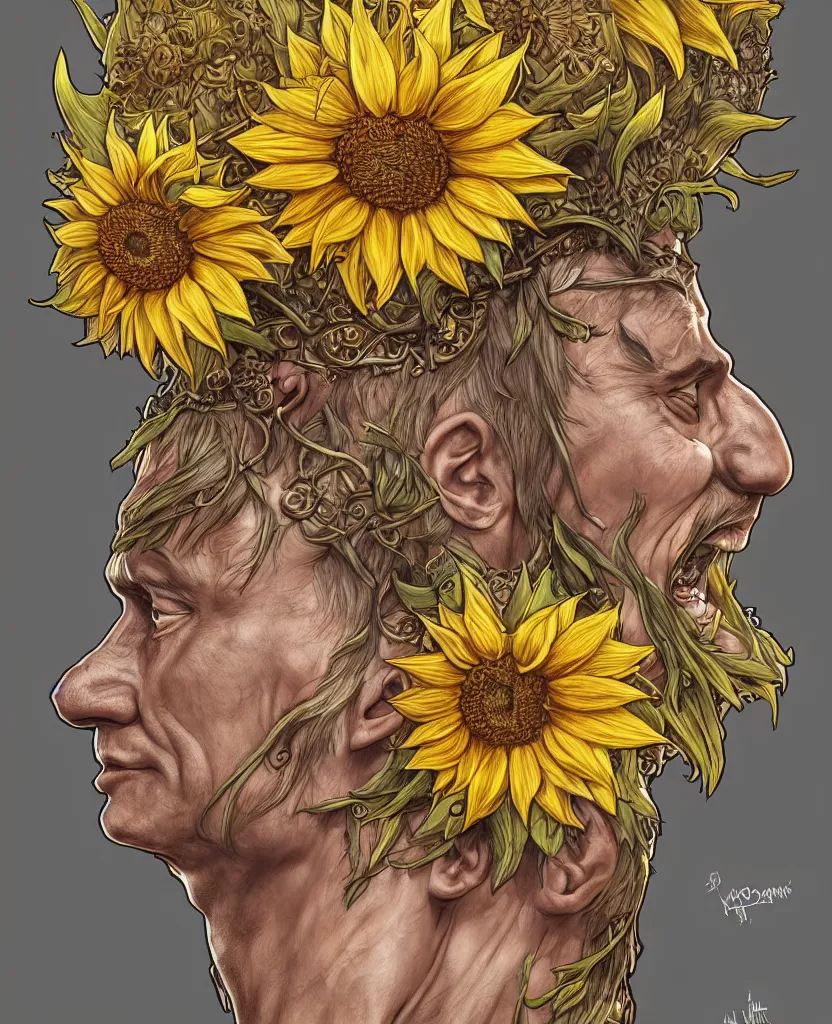 Image similar to digital art, centered full body of Putin smiling king, Sunflower crown, ,intricate, veins, by James Jean and by artgerm , by ross tran ultradetailed, charachter design, concept art, trending on artstation,