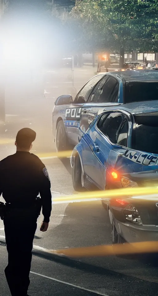 Image similar to man getting arrested by police, police car in background with bright police sirens, lens glare, dramatic lighting, cinematic, establishing shot, extremely high detail, photo - realistic, cinematic lighting