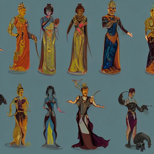 Image similar to concept art for a video game called mystic unity, illustrative visionary characters, elongated arms with cryer augmentations, barbarian buddhas in cinematic epic landscape