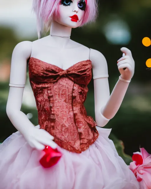 Image similar to high quality presentation photo of a beautiful dollpunk woman, photography 4k, f1.8 anamorphic, bokeh, 4k, Canon, Nikon
