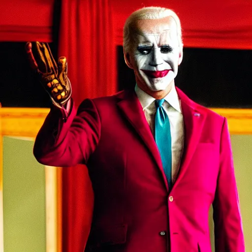 Image similar to Joe Biden as The Joker in Batman, directed by Tarantino, film grain, EOS-1D, f/1.4, ISO 200, 1/160s, 8K, RAW, symmetrical balance, in-frame, Dolby Vision