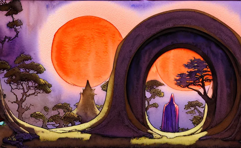 Image similar to a hyperrealist watercolor concept art of a dimensional portal in the shape of a tree arch. a medieval monk in grey robes is nearby. an orange sunset is seen through the portal. very muted colors, by rebecca guay, michael kaluta, charles vess. high detail, hq, wide shot, 4 k