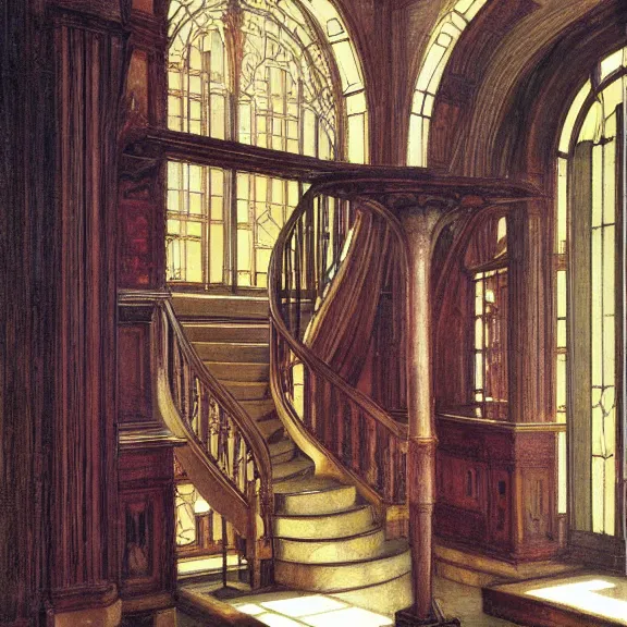 Prompt: painting of the interior of an art nouveau mansion with curving staircases, detailed, beautiful, god rays, volumetric light, by john william waterhouse and james gurney