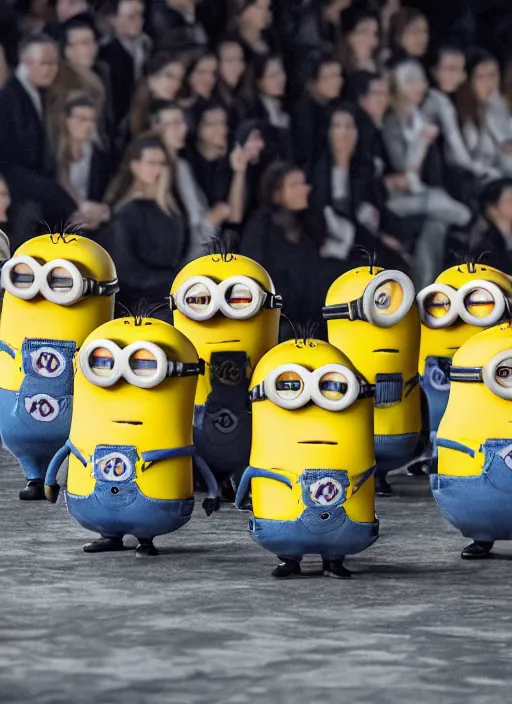 Image similar to hyperrealistic and heavy detailed moncler runway show of minions, leica sl 2 5 0 mm, vivid color, high quality, high textured, real life