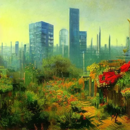 Image similar to a very beautiful eco - friendly environmental future city cityscape, lots of plants and flowers, sunrise, style of olidon redon