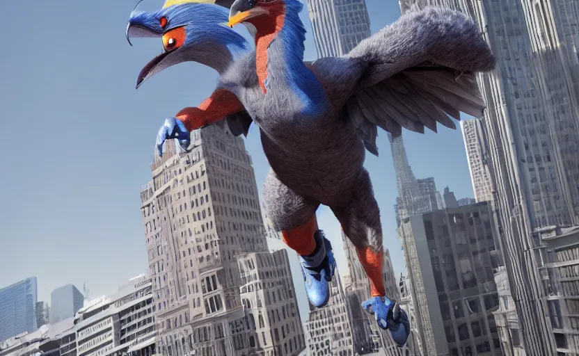 Image similar to giant falco lombardi terrorizing city, highly detailed, extremely high quality, hd, 4 k, 8 k, professional photographer, 4 0 mp, lifelike, top - rated, award winning, cinematic, realistic, detailed lighting, detailed shadows, sharp, no blur, edited, corrected, trending