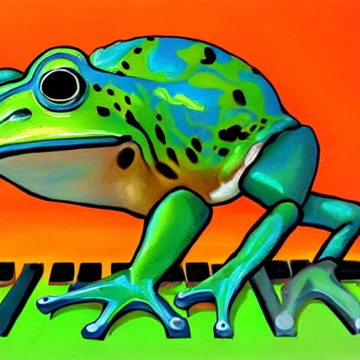 Image similar to a beautiful painting of singular frog playing in the synthesizer, trending on artstation