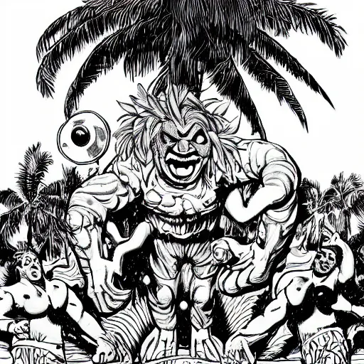 Image similar to A rampaging giant tropical tiki, stomping on cars and holding a screaming woman in his hand John Byrne layout, modern digital art finishing, high detail,