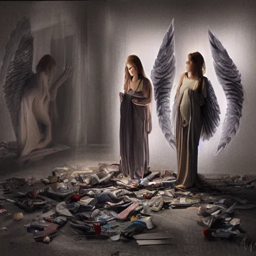 Image similar to a digital painting of angels looking at the camera in a dark, trashed and depressing room. dramatic lighting.