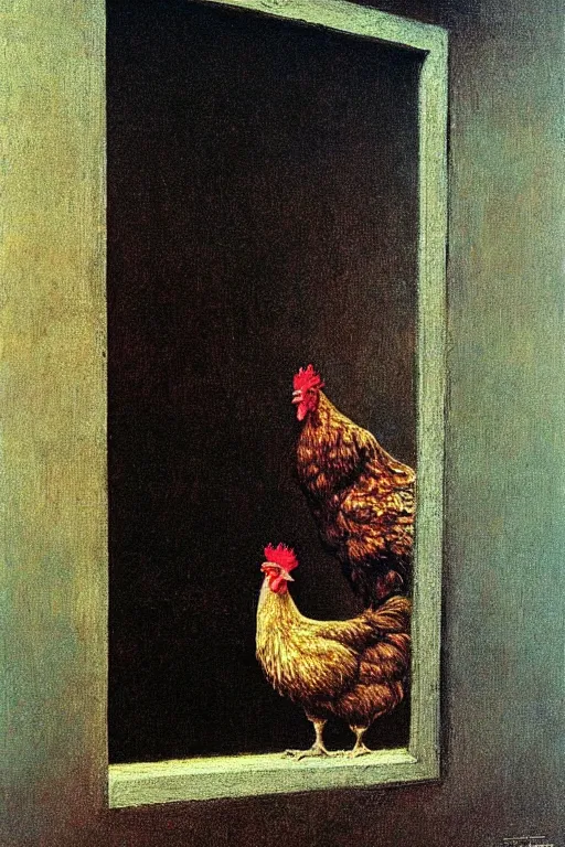 Prompt: a chicken trapped inside a mirror with a key on the ground, beksinski, oil painting