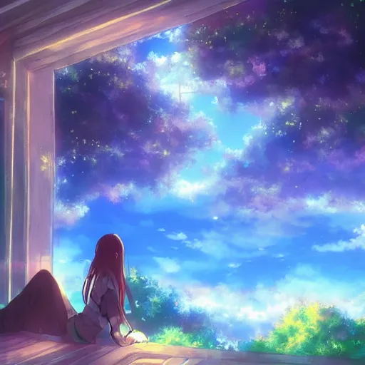 Prompt: a heavenly dream view from the interior of my cozy dream world filled with color from a Makoto Shinkai oil on canvas inspired pixiv dreamy scenery art majestic fantasy scenery fantasy pixiv scenery art inspired by magical fantasy exterior