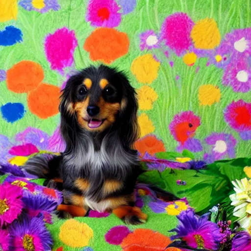 Image similar to long haired dachshund shi tzu mix laying on a bed of multi-color flowers l, Matisse