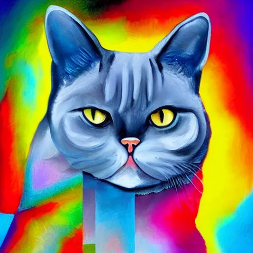 Image similar to claudia sanchez colorful cat art portrait of a grey british shorthair cat sitting on wavy abstract piano keys with musical notes in the background detailed luminescent magical realism painting of 4 k