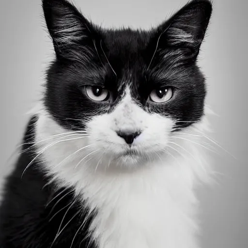 Image similar to fluffy black and white cat portrait, white cheeks, aesthetic highly detailed soft fur and paws, professionally shot photorealistic 8k photograph, 35mm Canon EOS R3, rendered in octane, by Natalie Große and Jason Allison