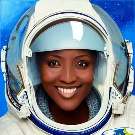 Prompt: “nigerian female astronaut on board international space station wearing space suit and translucent helmet, highly detailed, realistic, photorealistic, proportional, beauty, fish eye lens, nasa, in the style of Edward hooper oil painting sun rising”