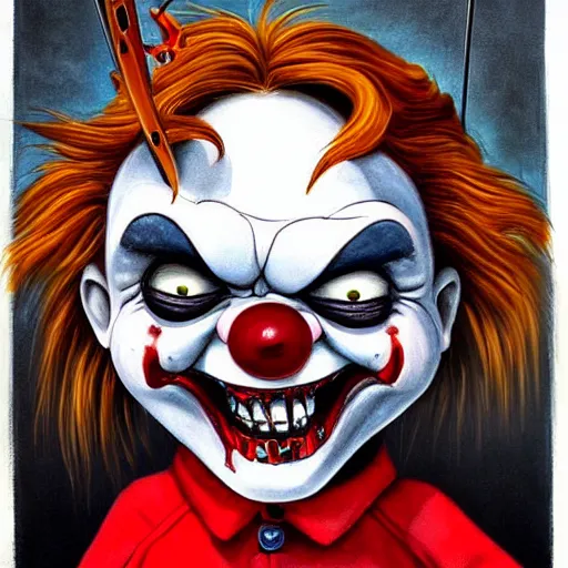 Image similar to grunge cartoon painting of chucky with a wide smile and a red balloon by chris leib, loony toons style, pennywise style, horror theme, detailed, elegant, intricate