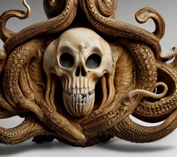 Image similar to an intricately detailed carving in an alien - octopus skull, rococo ornate bone and ivory sculpted skull with teeth and tentacles, horror, artifact, micro detailed, inscribed with occult symbols, otherworldly