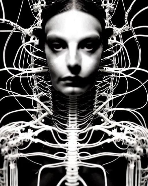 Image similar to black and white cyborg - plant goddess high quality photo, microchip, artificial intelligence, bio - mechanical bio - luminescence, black wired cables, neurons, nerve cells, cinematic, rim light, photo - realistic, high detail, 8 k, masterpiece, high fashion, in the style of steven meisel dora maar h. g. giger