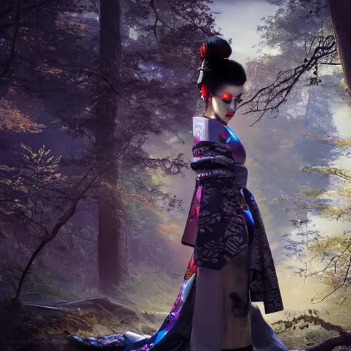 Image similar to cyberpunk geisha in japanese forest, epic, ultra detail, ultra realistic, photorealistic, 4k, god rays, highly detailed, full body, ornate, cinematic lighting, trending on artstation, hyperrealistic, focused, high details, unreal engine 5, cinematic