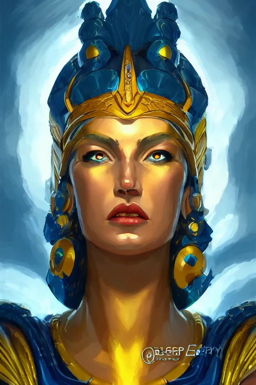 Prompt: The Godess Hera looking angry, radiating a glowing aura, detailed armor, portrait, highly detailed, digital painting, artstation, concept art, smooth, sharp focus, beautiful face, symmetric face, enchanted, official fanart, behance, HD, blue and yellow theme, by Jesper Ejsing