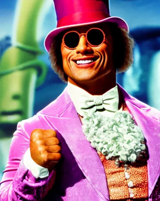 Prompt: Film still close-up shot of Dwayne Johnson as Willy Wonka from the movie Willy Wonka & The Chocolate Factory