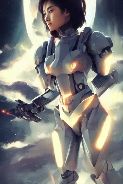 Image similar to a young attractive Asian woman piloting a mecha, dramatic pose, highly detailed, volumetric lighting, digital art, in the style of Artgerm and Tom Bagshaw