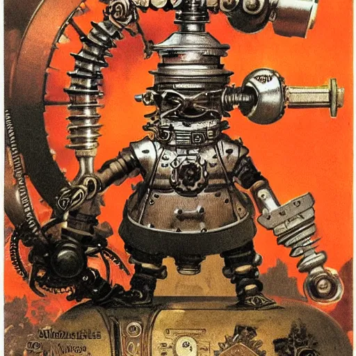 Image similar to bioshock steampunk orange mohawk Streetfighter Gnome Santa riding an intricate clockwork gearwork automaton springs gears bolts wires golem vehicle traveling stamp postcard winslow homer craig j. spearing thomas eakins