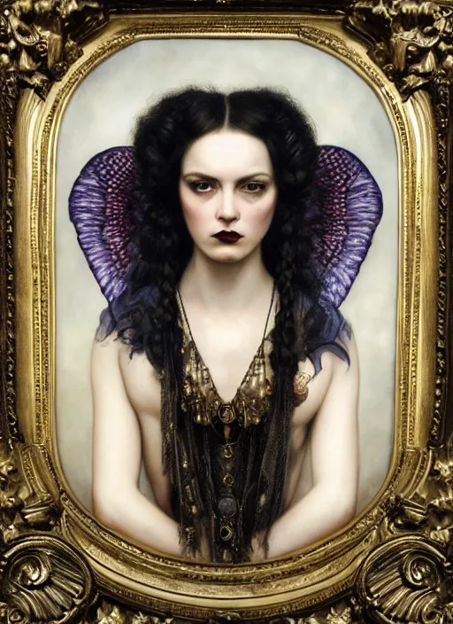 Prompt: highly detailed oil painting | very intricate | cinematic lighting | award - winning | portrait of the goddess of goth dressed by alexander mcqueen | by roberto ferri, by tom bagshaw, by j. c. leyendecker and klimt, american romanticism, by austin osman spare, artstation, cgsociety, official art, octane