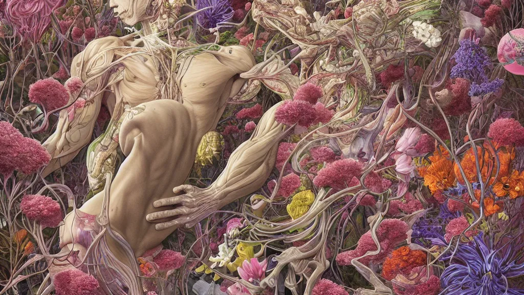 Image similar to highly detailed illustration of a human anatomy body exploded by all the known species of flowers by juan gatti, by makoto shinkai, by moebius!, by oliver vernon, by joseph moncada, by damon soule, by manabu ikeda, by kyle hotz, by dan mumford, by kilian eng