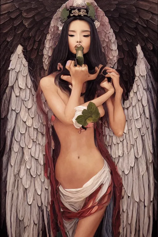 Prompt: a professional painting of a beautiful fallenangel geisha , olive skin, long dark hair, beautiful bone structure, symmetrical facial features, intricate, elegant, digital painting, concept art, smooth, sharp focus, illustration, by Ruan Jia and vitaly bulgarov and andrew nash and and Mandy Jurgens and musha and Artgerm and William-Adolphe Bouguerea