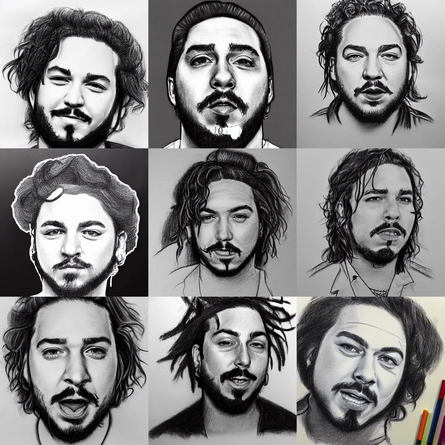 Prompt: post malone's face on a bag pencil sketch