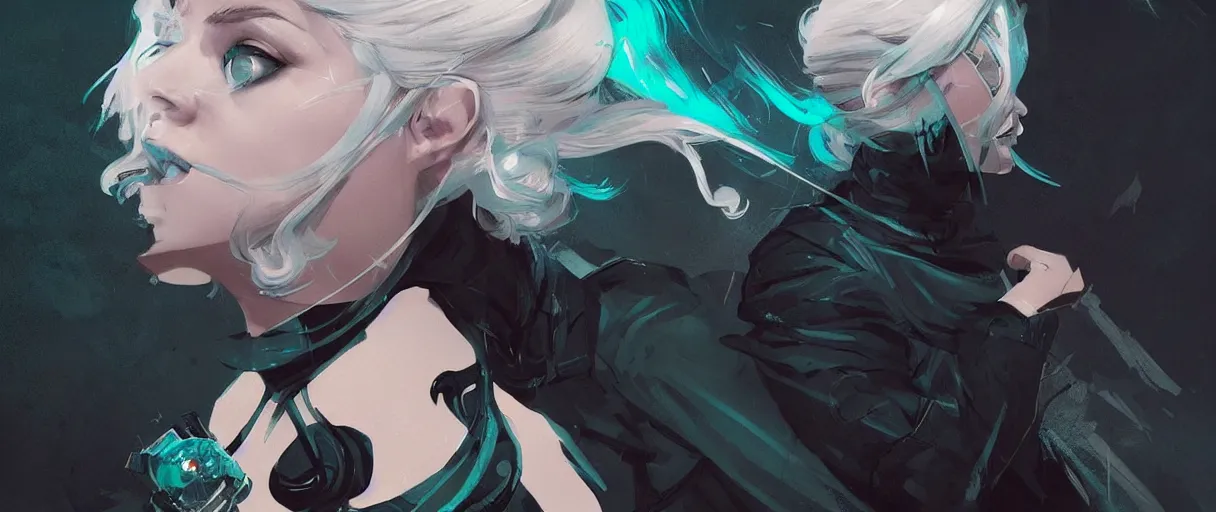 Image similar to a duochrome black and teal comic noir illustration painting of ciri of cintra with white hair by sachin teng and sergey kolesov and ruan jia and heng z. graffiti art, scifi, fantasy, hyper detailed. octane render. concept art. trending on artstation