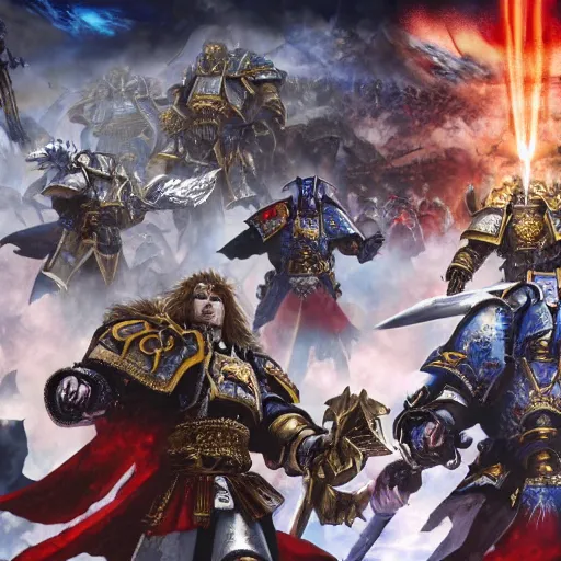 Image similar to The Emperor of mankind together with the primarchs are fighting against the Orcs. Epic battle, brutal style, super quality, 4k