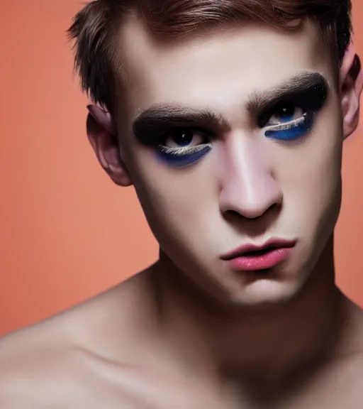 Image similar to beautiful realistic portrait of a beautiful young gay man with makeup, 4 k