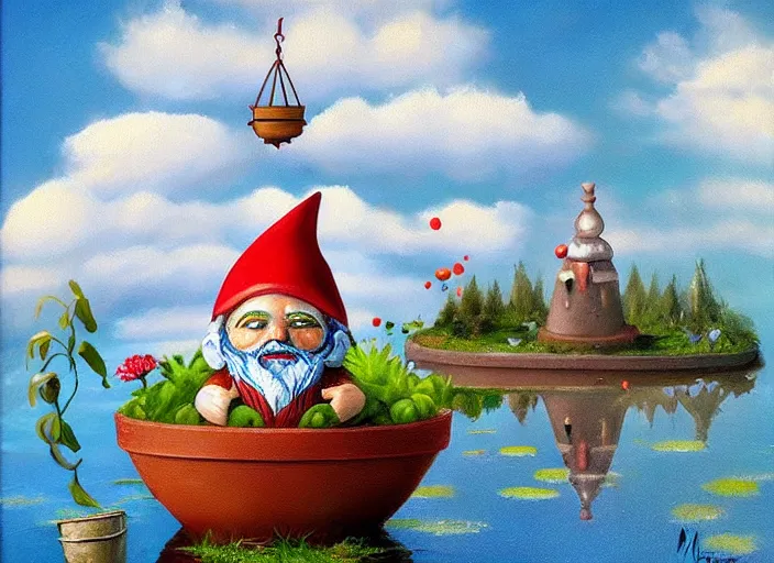 Image similar to a garden gnome sailing in a small bucket, whimsical background of a pond on a sunny day with dramatic clouds, an ultrafine detailed painting by mark ryden, trending on deviantart, pop surrealism, whimsical, lowbrow, grotesque