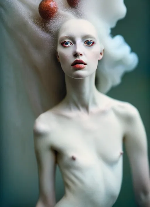 Image similar to cinestill 5 0 d photo portrait of a beautiful hybrid woman in style of tim walker by roberto ferri, weird marble body intricate detailed, hair is intricate gnarled ornament, 5 0 mm lens, f 1. 4, sharp focus, ethereal, emotionally evoking, head in focus, bokeh volumetric lighting, tonal colors outdoor