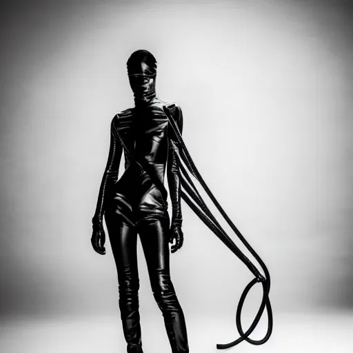 Image similar to fashion photography of an extraterrestrial model, holding a leather whip, wearing demobaza fashion, inside berghain, berlin fashion, harness, futuristic fashion, dark minimal outfit, photo 3 5 mm leica, hyperdetail, berghain, 8 k, very detailed, photo by nick knight