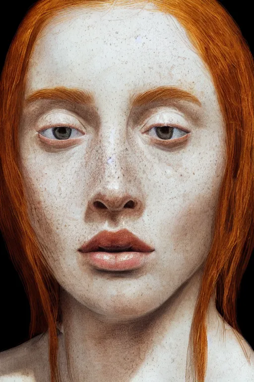 Prompt: hyperrealism extreme close-up portrait of medieval ginger female with freckles, pale skin, wearing dark silk, in style of classicism