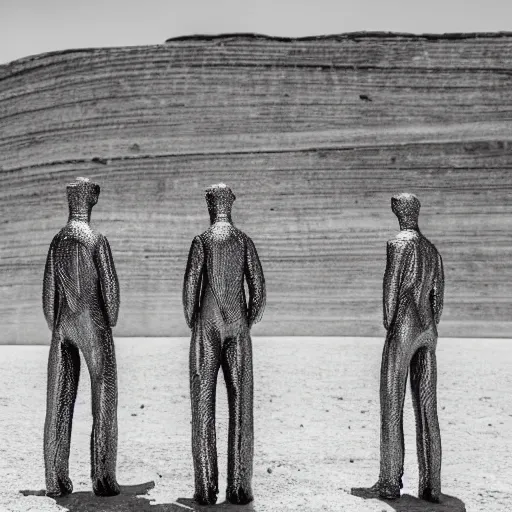 Image similar to Contamporary art fashion photography of ultra mega super hyper realistic detailed group of monkey's in suits, standing around very highly detailed stainless steel monolith situated in the desert. Photo shot on ultra mega super hyper Leica Camera