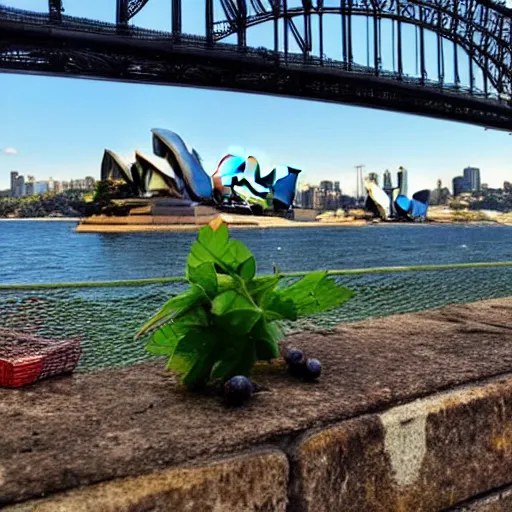 Prompt: a weedy pig eating berries looking at the Sydney Harbour Bridge from east circular quay