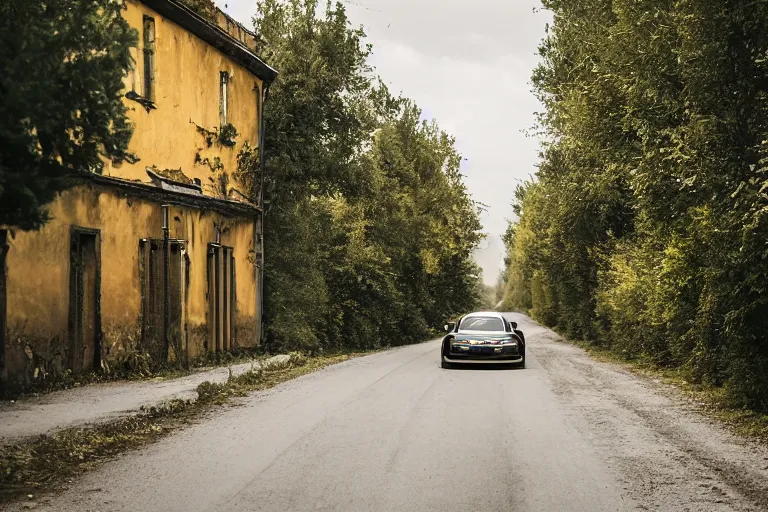 Image similar to Bentley Continental GT in shiny gold film drives along old Russian village road with houses houses around the edges