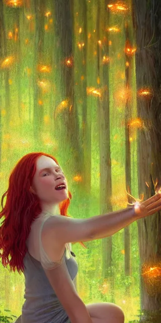 Prompt: infp young woman, smiling amazed, golden fireflies lights, amidst of nature fully covered, long loose red hair, intricate linework, bright accurate green eyes, small nose with freckles, oval shape face, realistic, expressive emotions, dramatic lights spiritual scene, hyper realistic ultrafine art by artemisia gentileschi, jessica rossier, boris vallejo