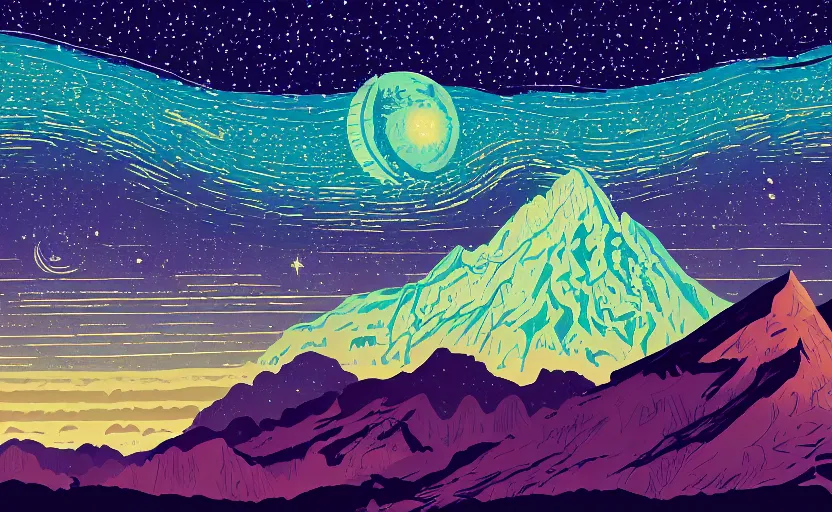 Image similar to mountains, stars and paisley filled sky, artstation, intricate, highly detailed, digital painting, concept art, sharp focus, illustration by Tom Whalen and Charles Williams