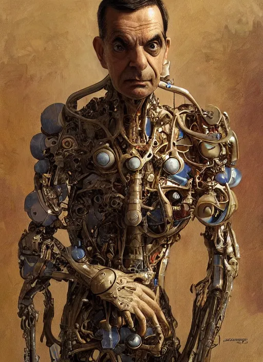 Image similar to mr bean as a organic cyborg, diffuse lighting, fantasy, intricate, elegant, highly detailed, lifelike, photorealistic, digital painting, artstation, illustration, concept art, smooth, sharp focus, art by john collier and albert aublet and krenz cushart and artem demura and alphonse mucha